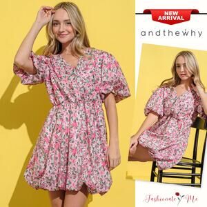 And The Why Floral Pattern Surplice Neck Short Puff Sleeves Mini Dress | Pink